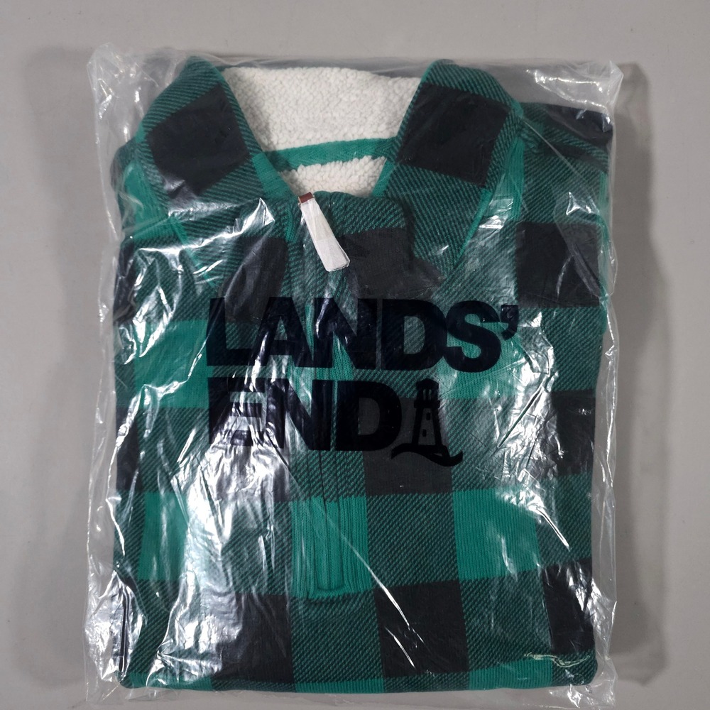 Lands' End Quarter Zip Pullover Mens XXL Green Buffalo Plaid Sherpa Lined New